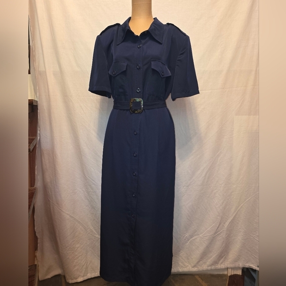 Halmode plus Dresses & Skirts - Navy Blue Belted Shirt Dress